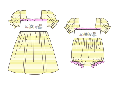 2026 Spring Summer Princess Embroidery Yellow Dress & Romper