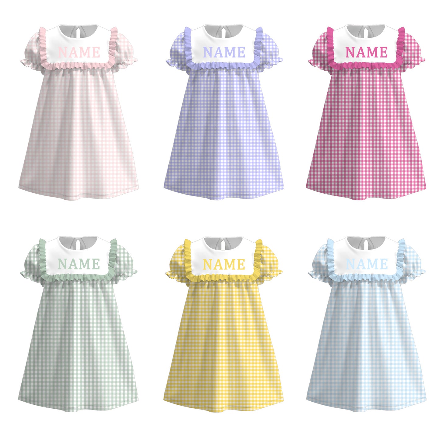 Summer Muti-Colors Plaid Custom Name Embroidery Short Sleeves Dress