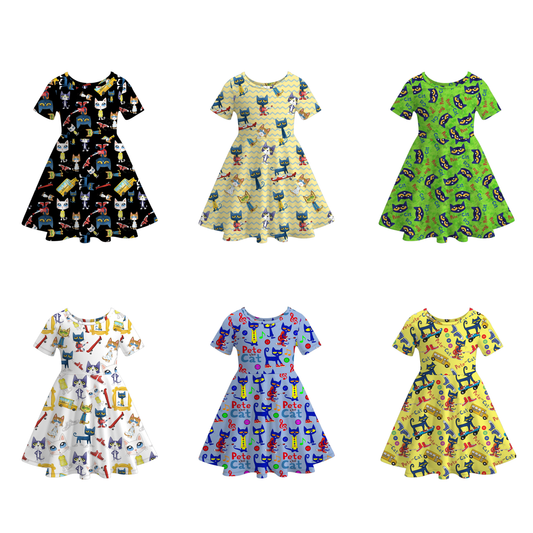 Girls Summer Fall Pete The Cat Print Short Sleeves Twirl Dress