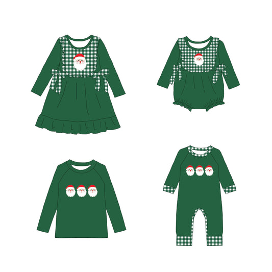 Christmas Sibling Outfit Set – Appliqued Smocked Santa Green Collection