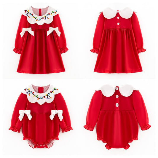 Christmas Lights Embroidered Sibling Set – Holiday Dress & Bubble