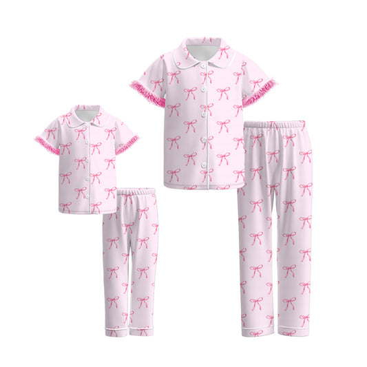 Mommy And Me Fall Pink Bow Cozy Fur Pajamas Set