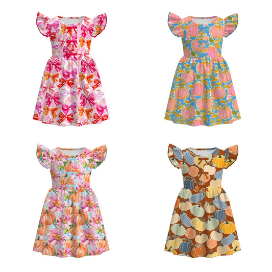 Girls Fall Pink Orange Bow Pumpkin Print Twirl Dress
