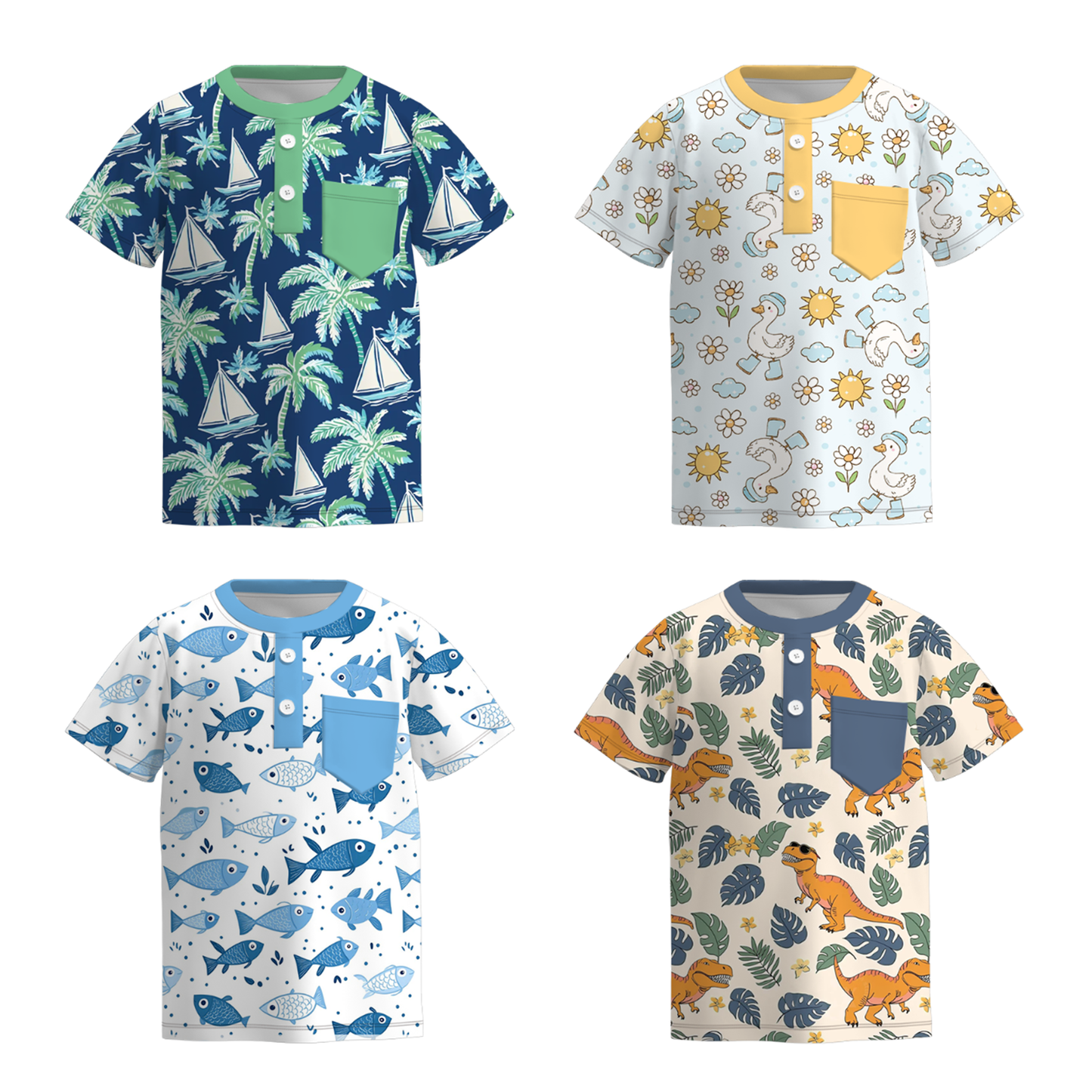 Boys Summer Fish Dinosour Goose Tree Print Pocket Shirt