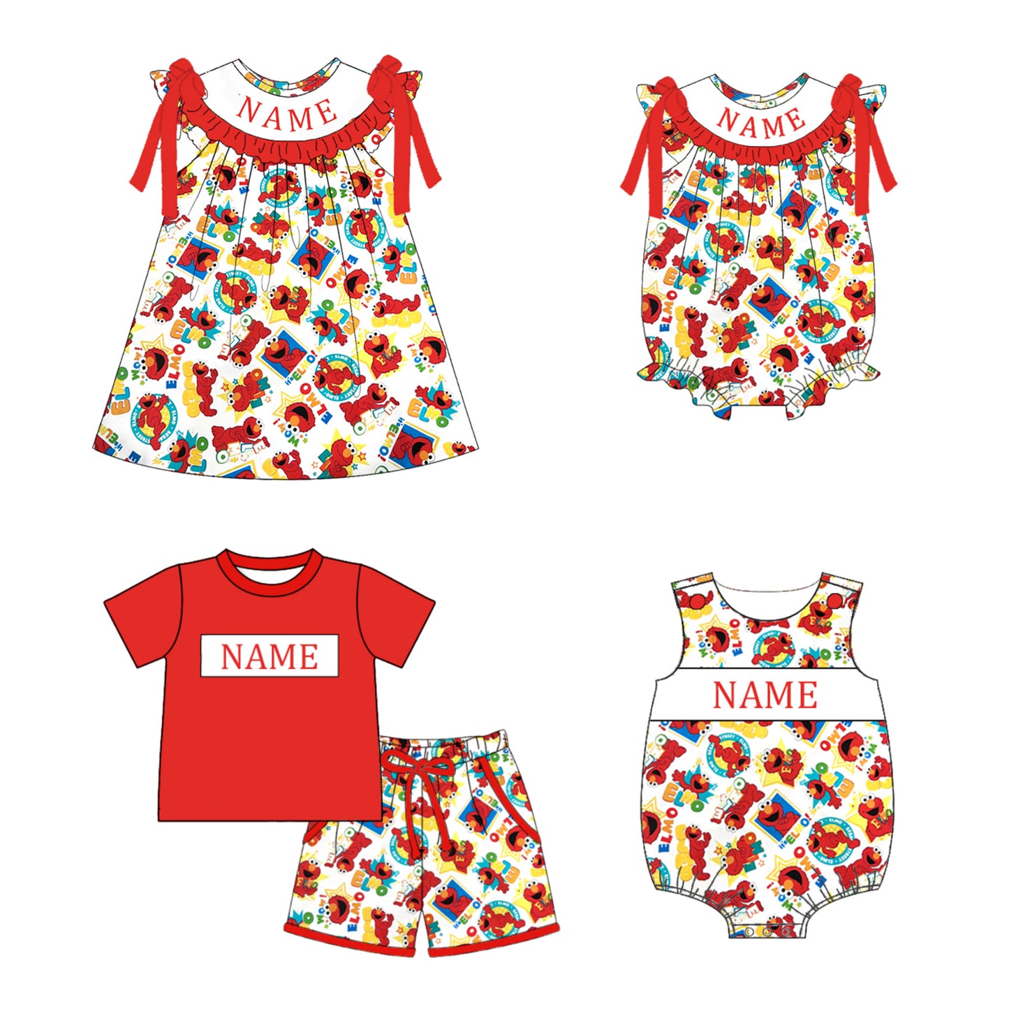 Custom Name Smocked Embroidery Kids Summer Collection – Exclusive ELMO Design