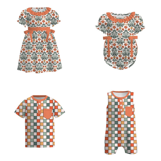 Kids Fall Autumn Orange Floral Plaid Dress Romper Top Sibling Clothes