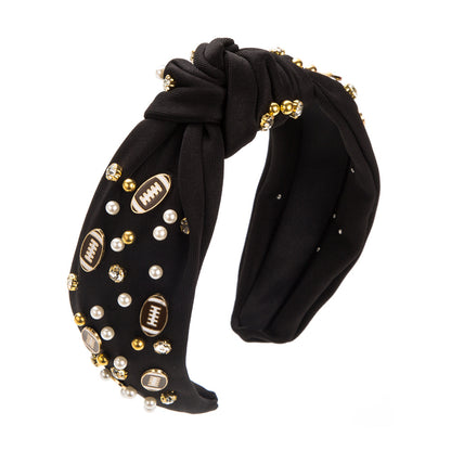 American Football Top Knot Headband with Pearls & Rhinestones – Wide Hair Accessory, Game Day Gift for Fans