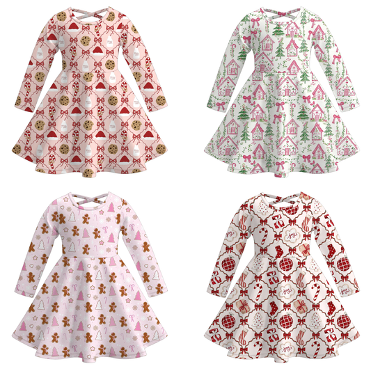 Christmas Long Sleeves Tree Gingerbread Candy Cane Print Dress For Girls
