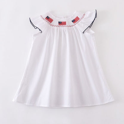 Girls July 4th Patriotic Flag Smocked Embroidery Dress