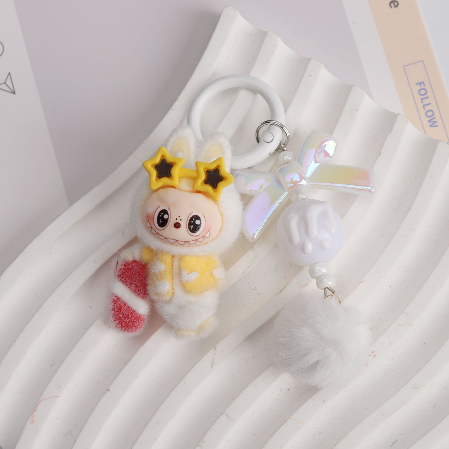 New Flocked Surfboard Sunglasses Labubu Beaded Keychain Cute Charm Bag Pendant Accessory