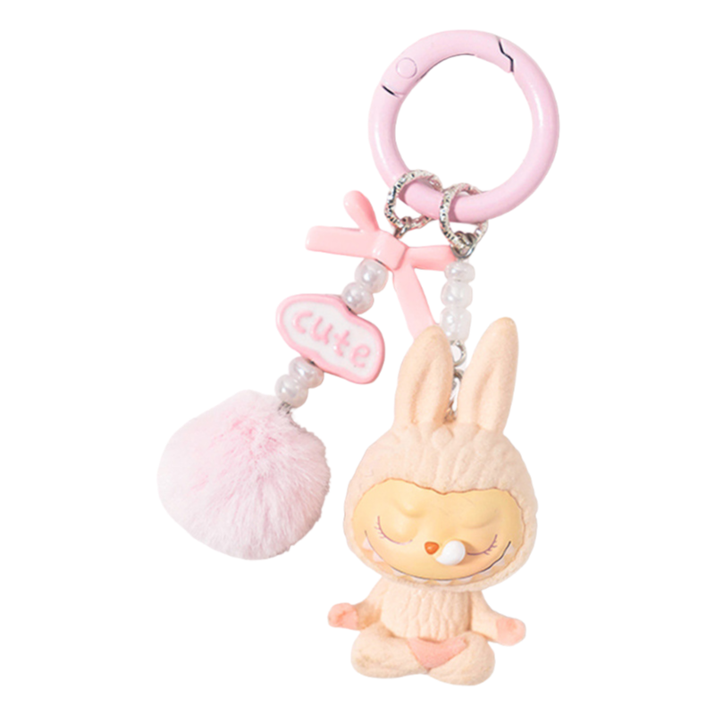 Flocked Labubu Yoga Figure Keychain – Cute Cartoon Phone Charm & Bag Accessory