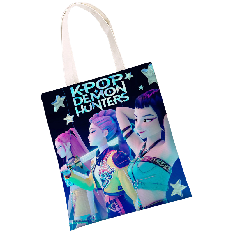 K-Pop Demon Hunters & Fansa Boy Group Double-Sided Printed Canvas Tote Bag, Large Capacity Shoulder Bag