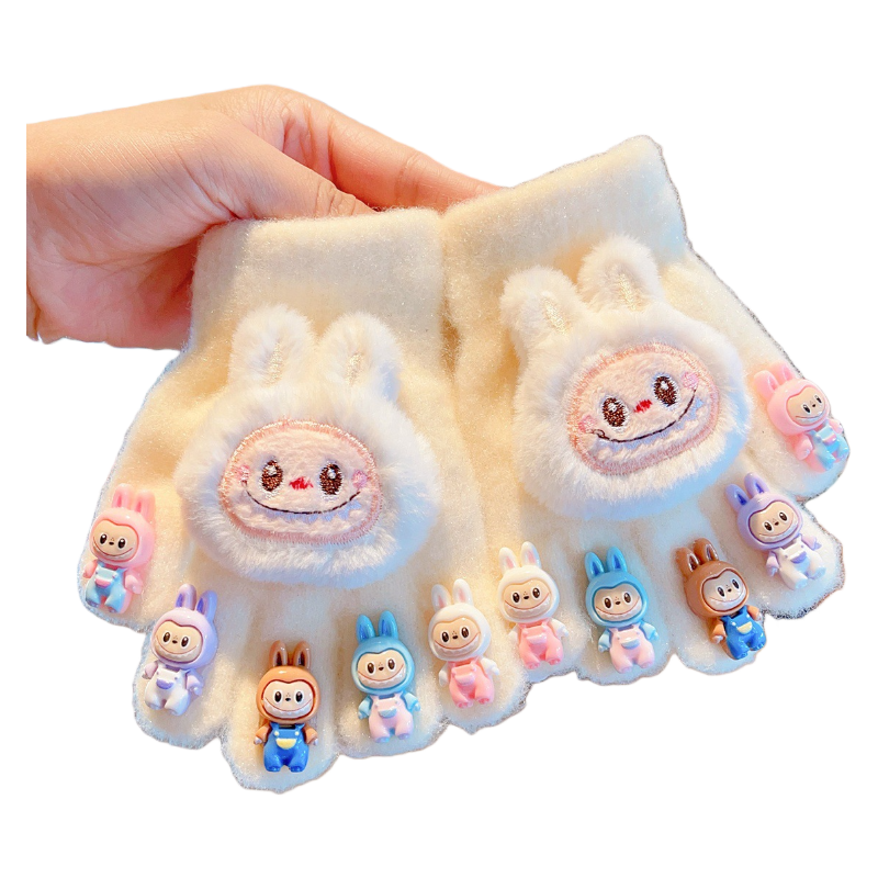 Cute Labubu Plush Half-Finger Gloves Warm Knitted Mittens with 3D Bunny and Silicone Labubu Charms