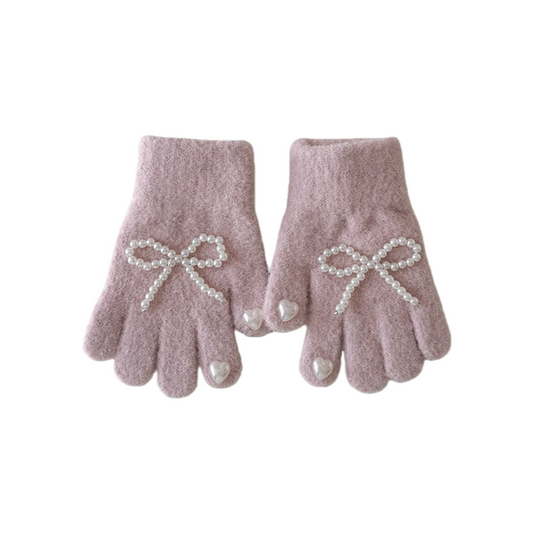 Winter Kids Gloves New Solid Color Bow and Pearl Decor Knitted Five-Finger Gloves for Girls