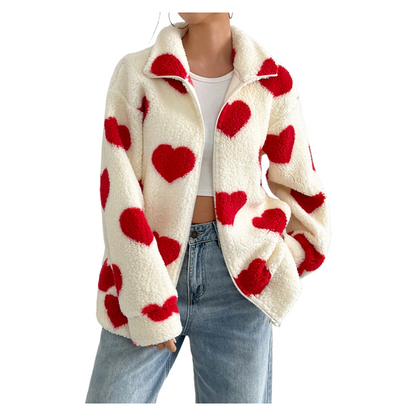 Valentine’s Day Plush Heart Print Zip-Up Cardigan Jacket Loose Fit Long Sleeve Outerwear Spring Winter
