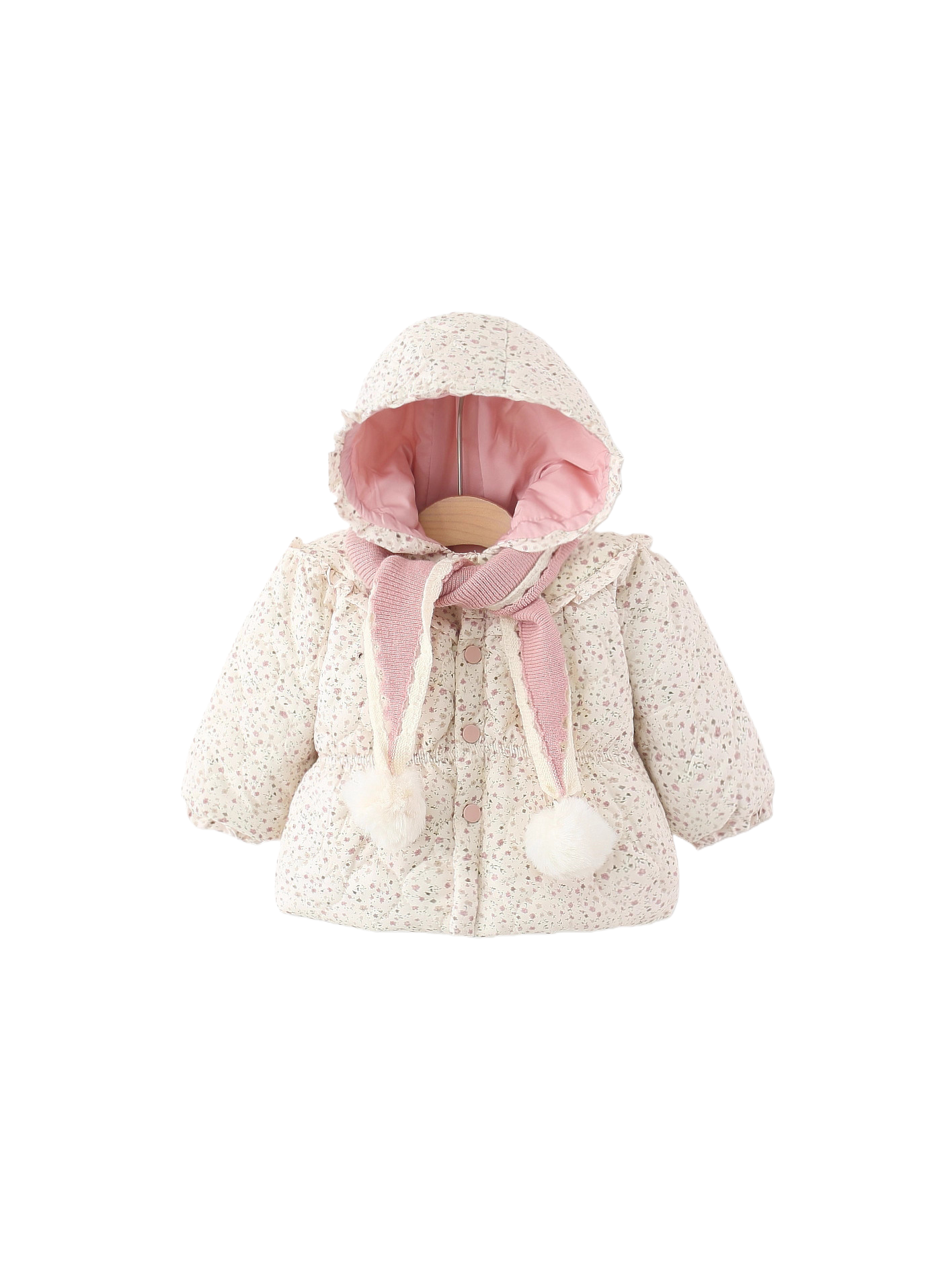 Baby Girls Winter Padded Coat Hooded Floral Jacket with Scarf Thick Warm Cotton Jacket