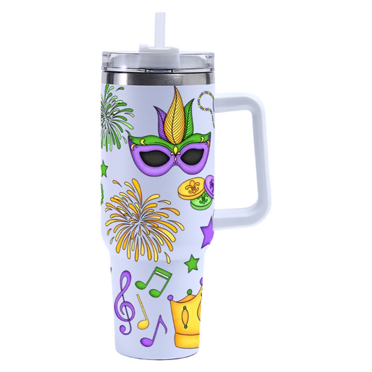 2026 Spring Mardi Gras 40oz Stainless Steel Tumbler Insulated Car Cup with Flat Bottom