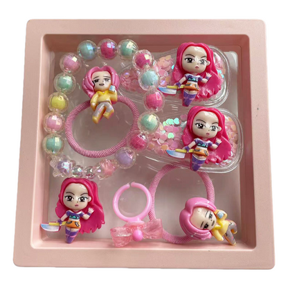 K-Pop Demon Hunters Cartoon Jewelry Gift Set Beaded Bracelet, Hair Tie, Plastic Ring, Hair Clip & Charm Box