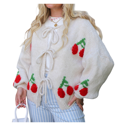 2026 Spring Cherry Embroidered Jacquard Knit Cardigan with Tie Front for Women