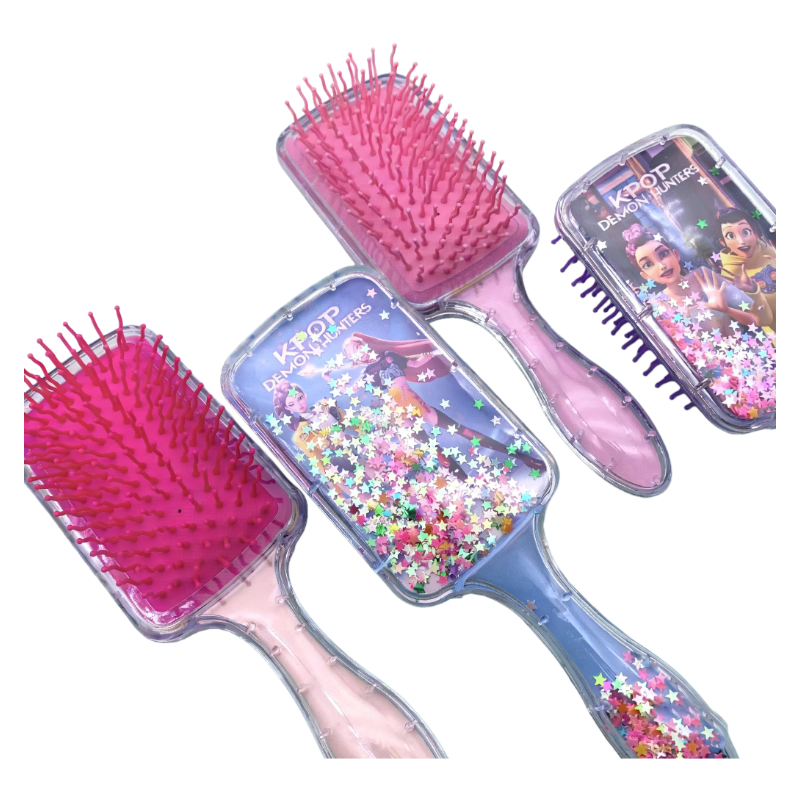 K-POP Demon HUNTR Square Liquid Glitter Hair Brush – Cute Long-Handle Cushion Comb for Daily Use