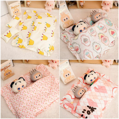 17cm Labubu Doll Double Sleeping Bag Set Mini Quilt & Pillow