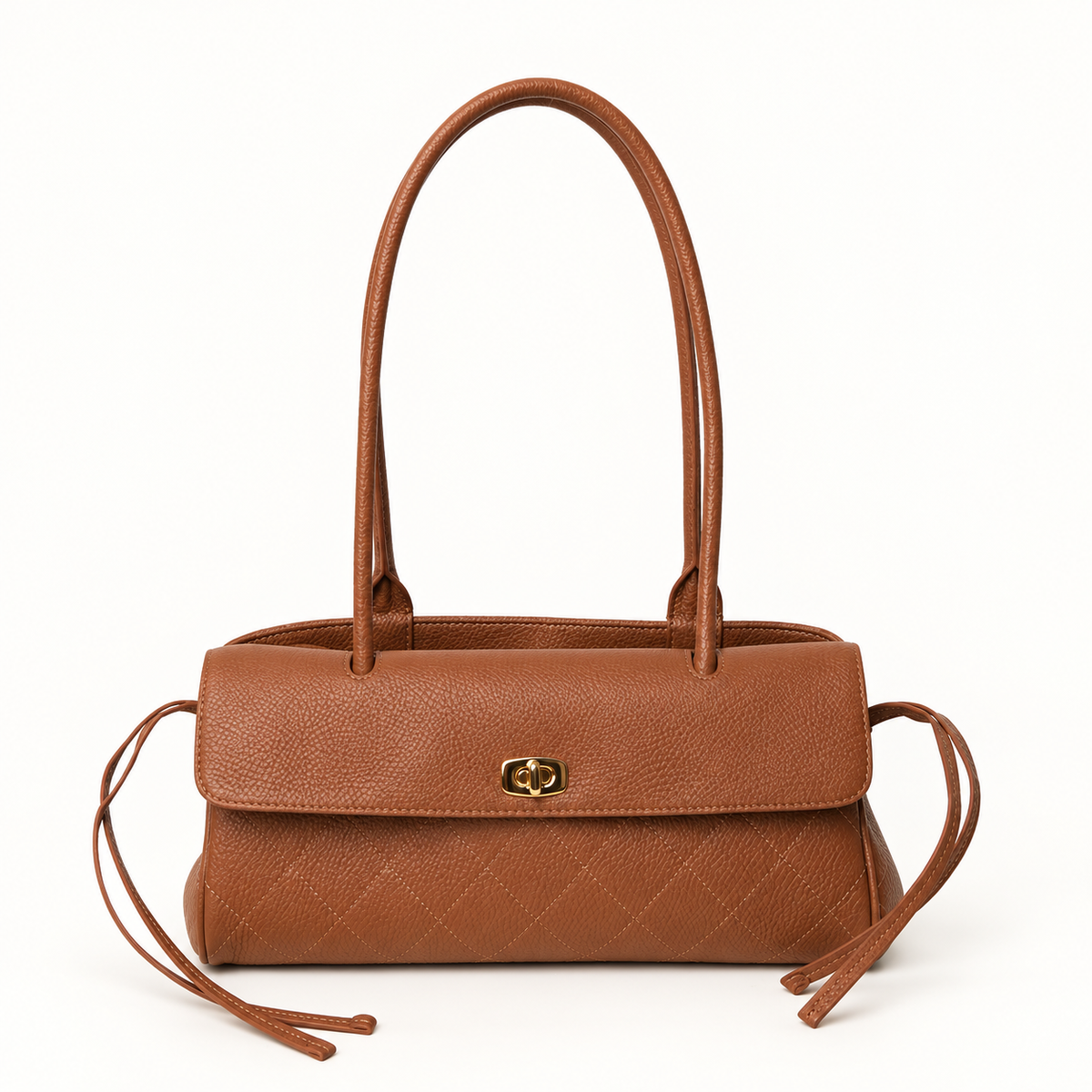 Top-Grain Cowhide Leather Shoulder Bag – East-West Quilted Flap Handbag with Double Handles & Gold-Tone Hardware
