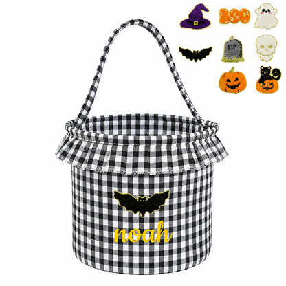 Personalized Halloween Trick or Treat Basket for Kids – Custom Name, Embroidered Patch & Gingham Candy Bucket