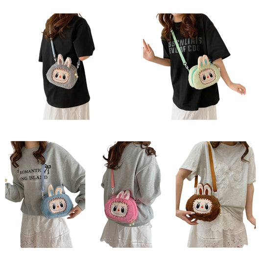 Kids Girls Labubu Soft Character Plush Crossbody Bag Faux Pearls Zipper Pull