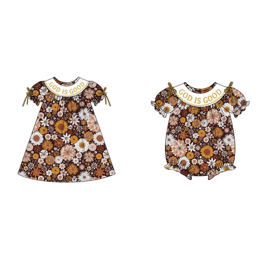Girls GOD IS GOOD Embroidery Smock Fall Floral Print Dress & Bubble