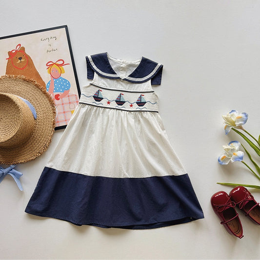 Girls Sailboat Embroidered Smocked Cotton Sleeveless Dress with Peter Pan Collar