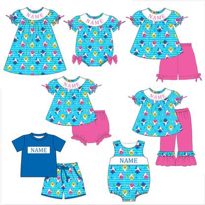Custom Name Smocked Embroidery Baby & Toddler Shark Print Clothing Set | Personalized Boutique Kids Outfit
