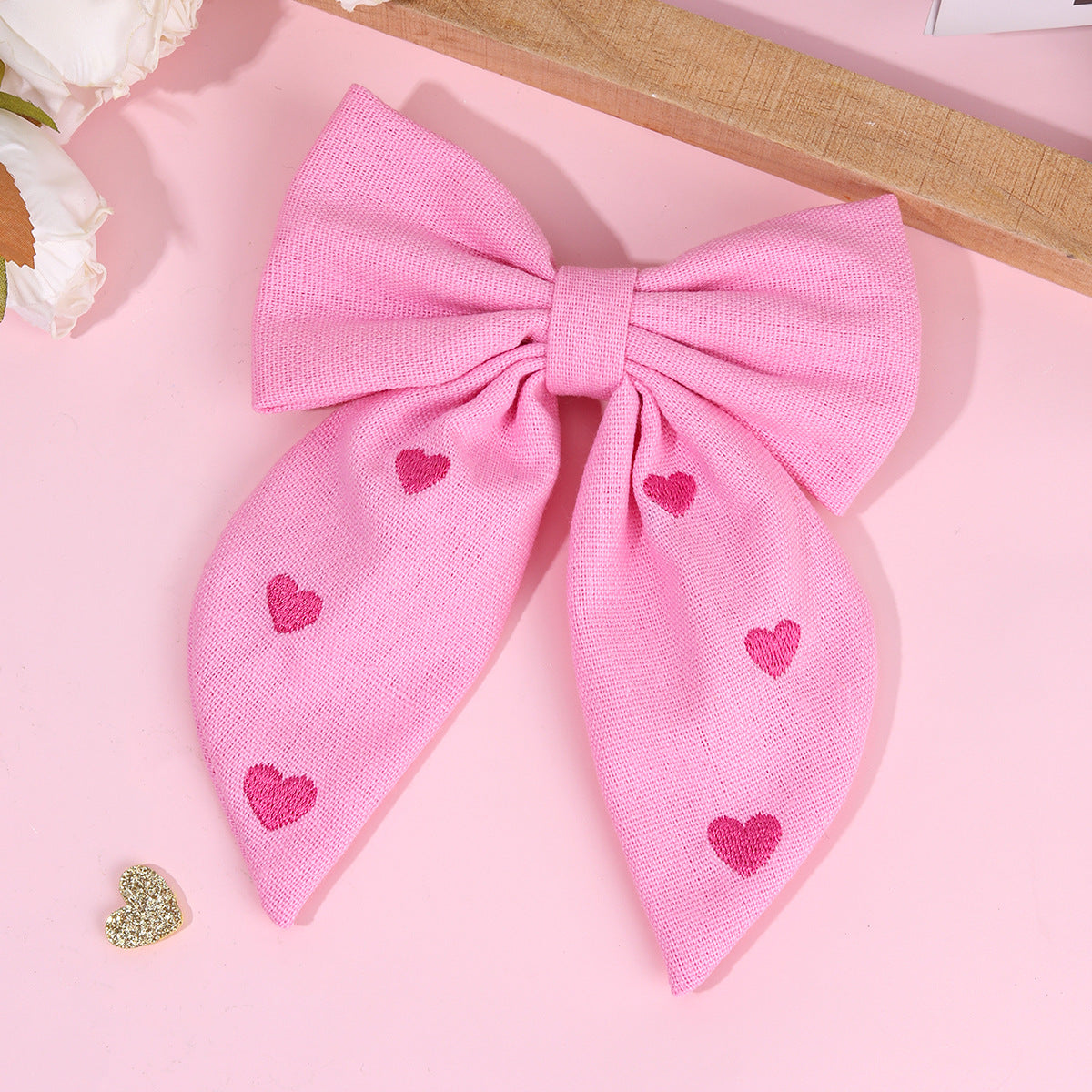 Valentine’s Day Pink Bow Streamer Hair Clip – Heart Embroidered Cotton Linen Ribbon Barrette