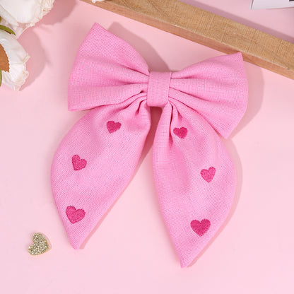 Valentine’s Day Pink Bow Streamer Hair Clip – Heart Embroidered Cotton Linen Ribbon Barrette