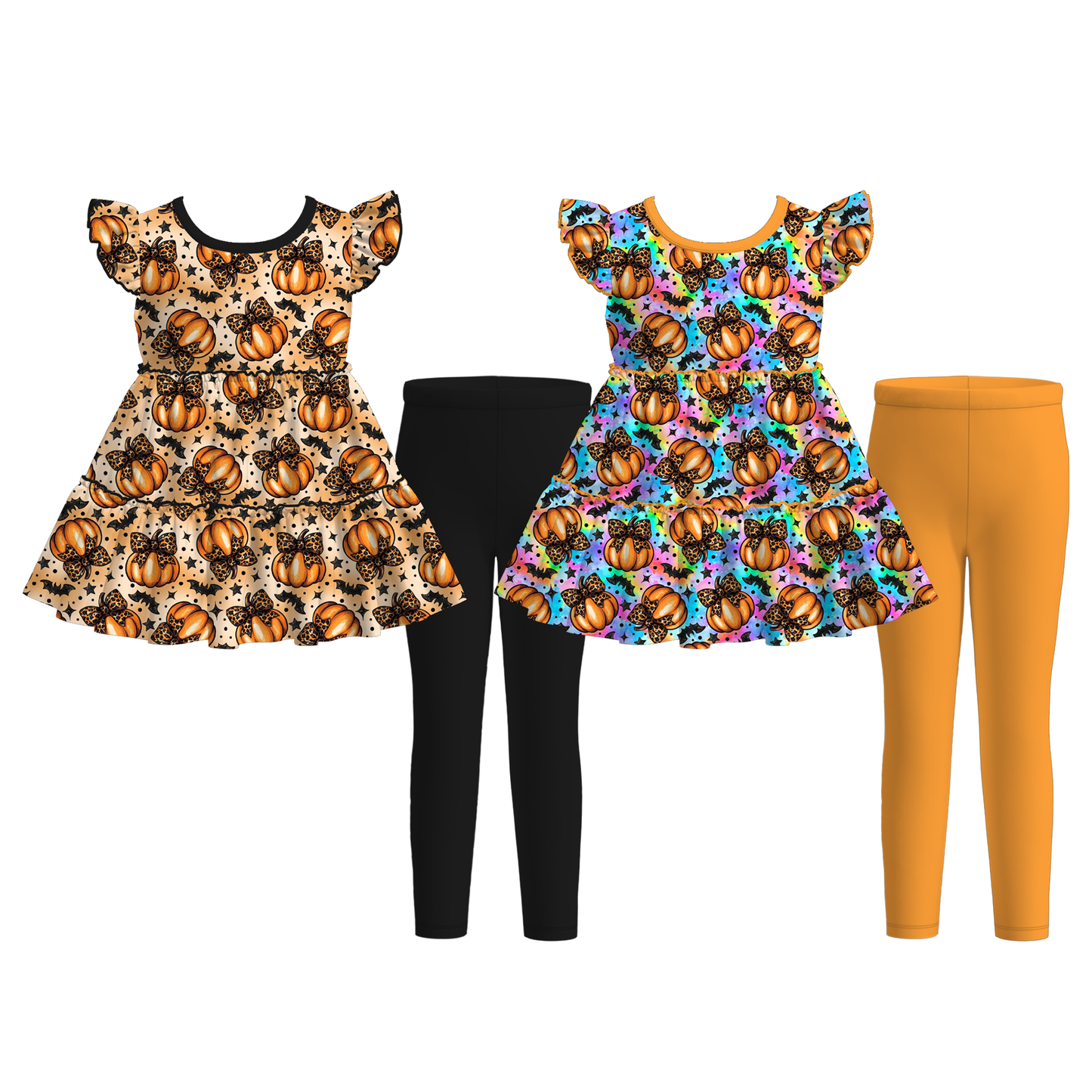 Girls Halloween Pumpkin Print Ruffle Dress & Leggings 2-Piece Outfit Set