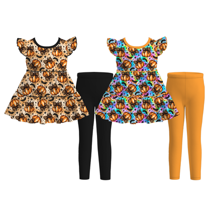 Girls Halloween Pumpkin Print Ruffle Dress & Leggings 2-Piece Outfit Set