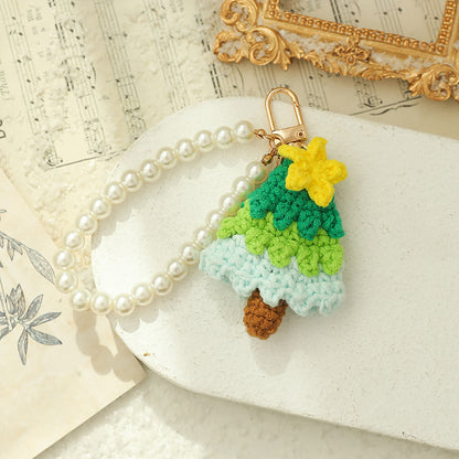 Christmas Gift Crochet Knitted Pearl Keychain Ornament Christmas Tree Shaped Decoration