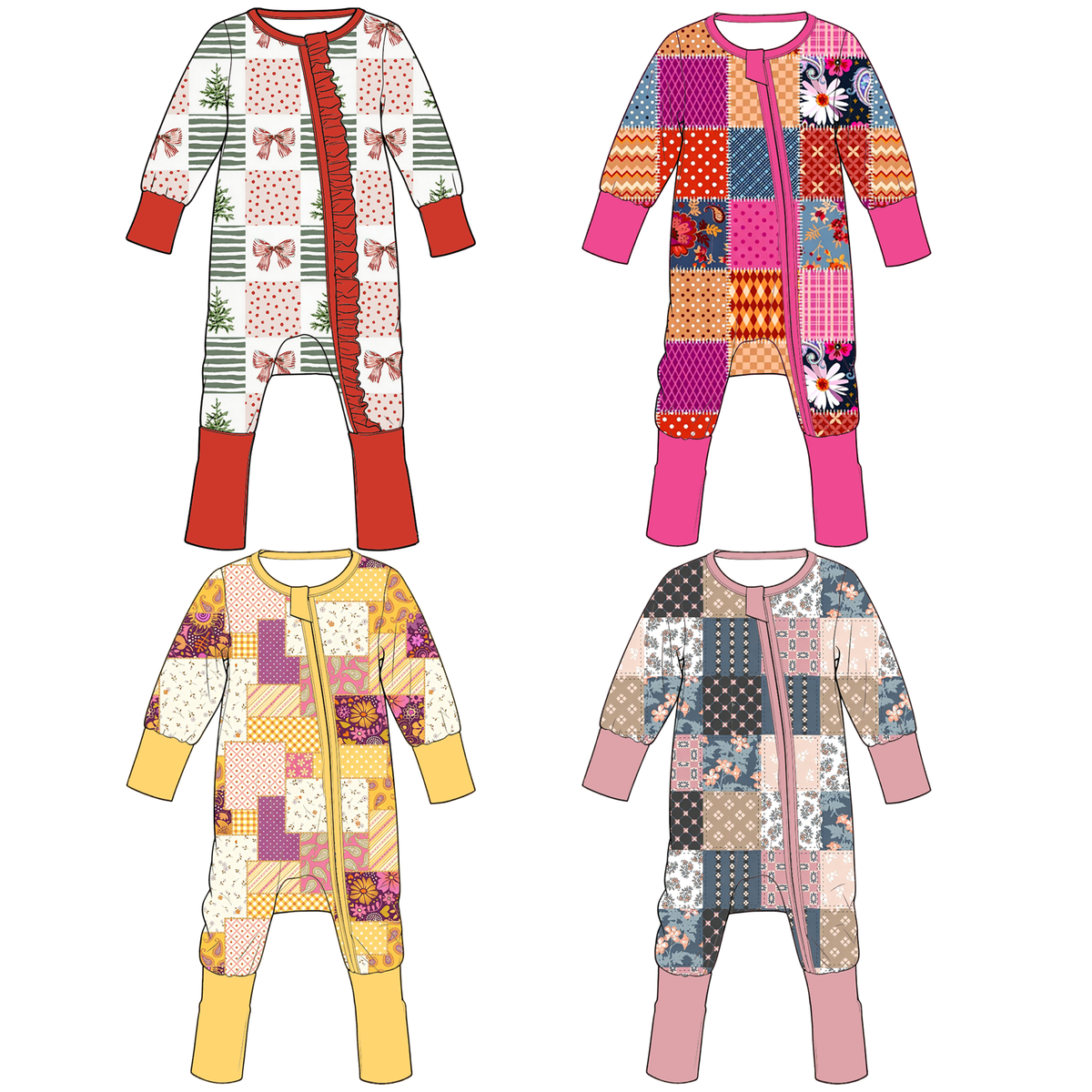 Girls Patchwork Print Ruffle Zip Romper – Colorful Long Sleeve One-Piece Outfit