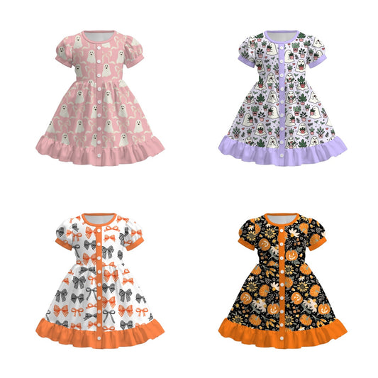 Girls Fall Halloween Ghost Pumpkin Bow Print Short Sleeves Dress
