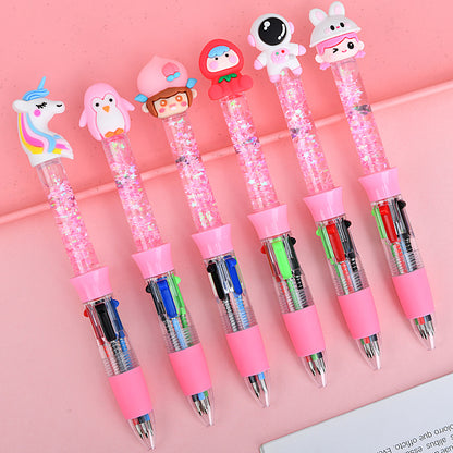 Glitter Quicksand 4-Color Retractable Ballpoint Pens Cartoon Gel Ink Pens with Fun Floating Liquid Design