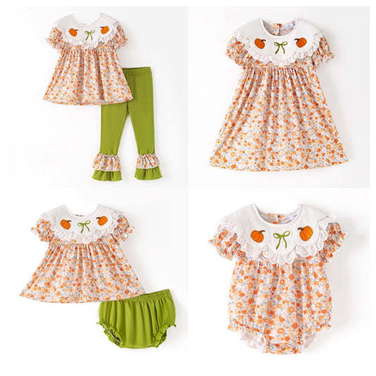 Thanksgiving Girls Smocked Outfit Set – Pumpkin Floral Embroidery Floral Sibling Collection