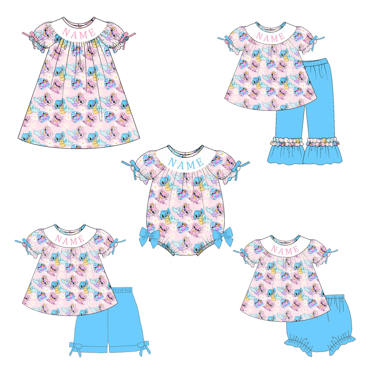 Girls Smocked Cartoon Outfit Set – Personalized Name Pink Dress, Romper & Blue Matching Sets
