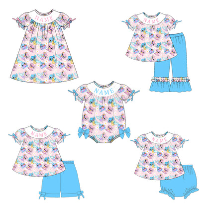 Girls Smocked Cartoon Outfit Set – Personalized Name Pink Dress, Romper & Blue Matching Sets