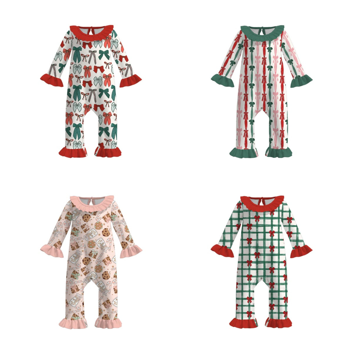 Baby Kids Christmas Red Green Bow Print Long Sleeves Romper