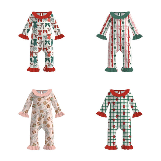 Baby Kids Christmas Red Green Bow Print Long Sleeves Romper