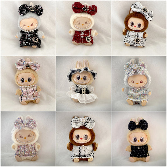 17cm Labubu Elegant Tweed Doll Outfit Bow Headwear Costume