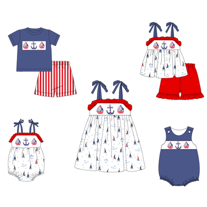 4th Of July Sibling Matching Red Blue Smocked Kids Clothes