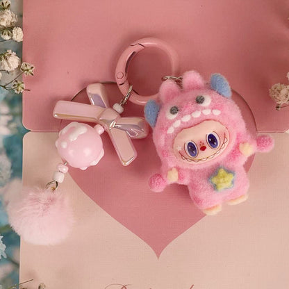 Flocked Labubu Key chain Pom-pom Backpack Charm Trendy Merchandise