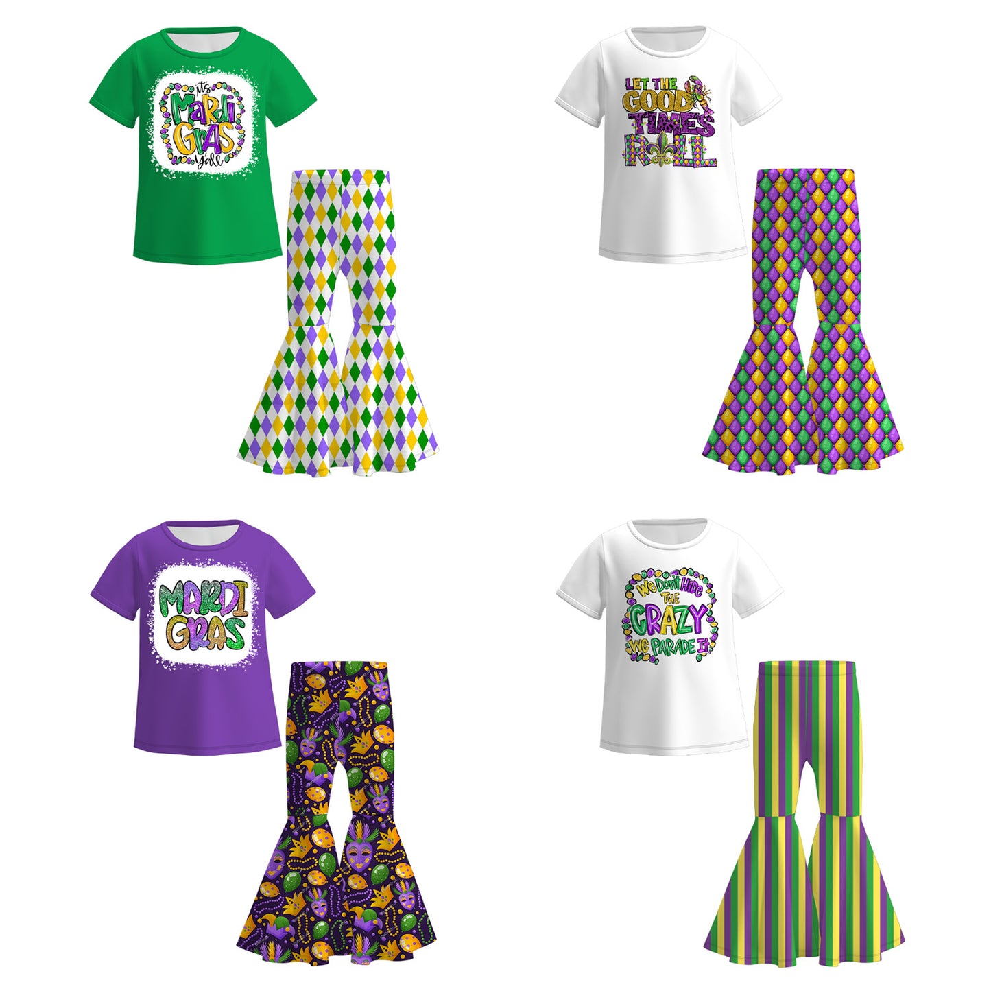 2026 Spring Girls Mardi Gras Print Short Sleeves Top+Pant Set