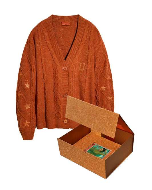 Taylor Swift “The Life of a Showgirl” Orange Cardigan Embroidered Star Loose Fit Knit Button Sweater Album Merch