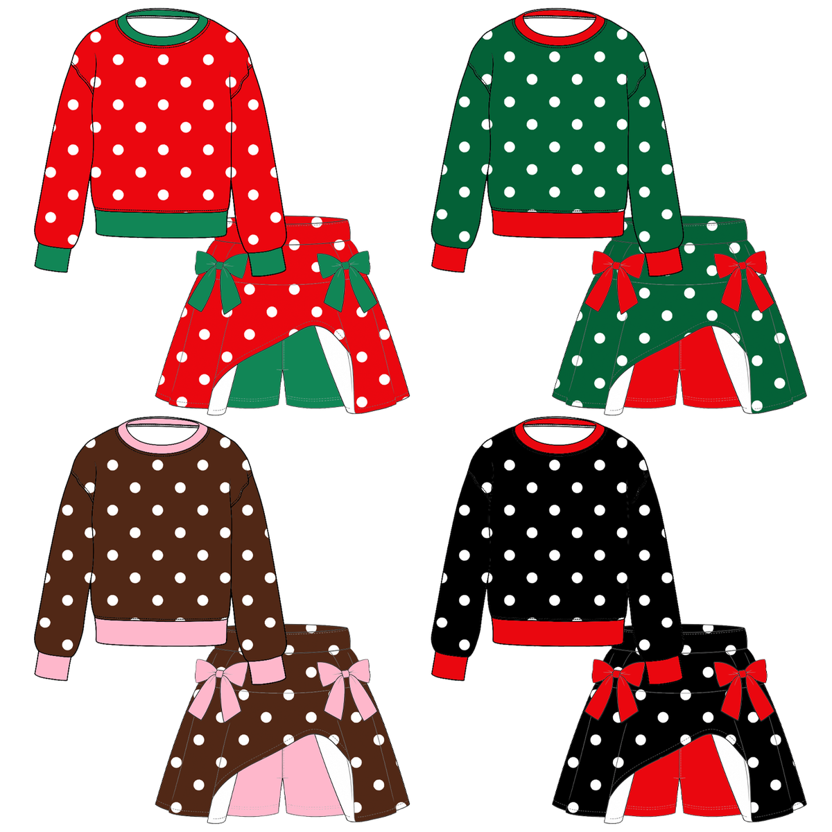Girls Christmas Polka Dot 2-Piece Skort Set – Long Sleeve Sweatshirt & Bow Skirt Shorts Outfit